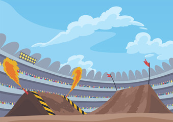 Background for jumping monster truck show. Burning springboards for car with large tires, rally 4x4 computer or mobile game. cartoon illustration © the8monkey