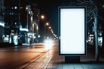 Mockup. Blank white vertical advertising banner billboard stand on the sidewalk at night, Generative AI 