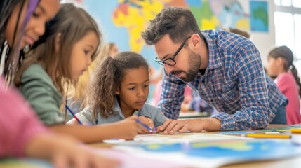 Fototapeta premium Creative Classroom Interaction, Teacher Assisting Student, Engaging Young Minds, Educational Development