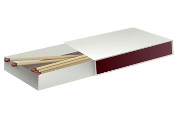Opened matchbox. Sulphur and wooden sticks lying in open case. Top view and isometric projection illustration isolated on white background
