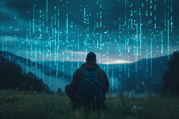 Man with backpack watching digital rain in a blue-toned landscape