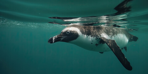 Naklejka premium penguin swimming in a water, underwater shoot, generative AI