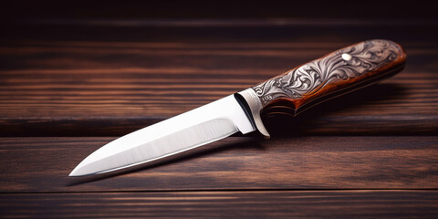 Kitchen Knife made of damascus steel on a table - obrazy, fototapety, plakaty