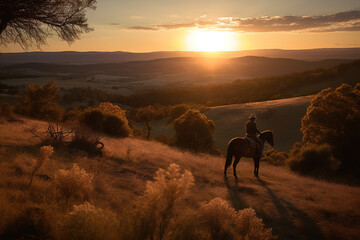 Rider On Horseback Retreats Through Rolling Hills As The Sun Sets