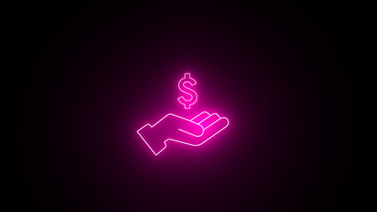 Neon glowing Human hand giving money icon isolated on black background. Receiving money icon. Glowing dollar on hand sign. neon hand holding usd icon.