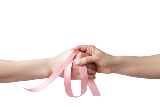 A touching scene of a caregiver tying an ovarian cancer ribbon around a loved one's wrist transparent background Png. Ai generated