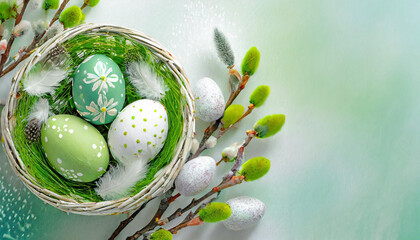 Green Easter background with Easter eggs in a basket and catkins - obrazy, fototapety, plakaty