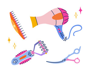 Vector cliparts set of pet grooming equipments. Stripping rake, hair dryer, curved scissors and comb. Tools for professional groomers in flat trendy colorful style. Banner design