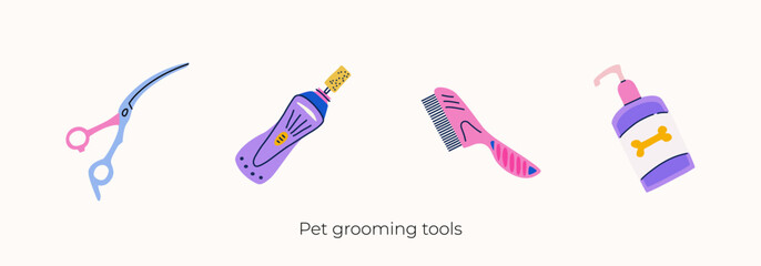 Vector cliparts set of pet grooming tools. Curved scissors, nail grinder, flea comb and coat conditioner. Equipment for professional groomers in flat trendy colorful style - obrazy, fototapety, plakaty
