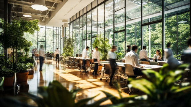 Modern eco-friendly office space with employees working and walking, surrounded by lush green plants and natural light, showcasing a dynamic and sustainable workplace environment