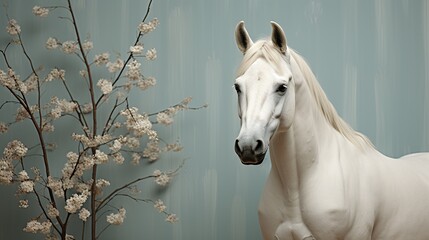 A white horse stands serene against a soft backdrop with delicate flowers, portraying beauty and grace, suited for equine art and nature-inspired themes.