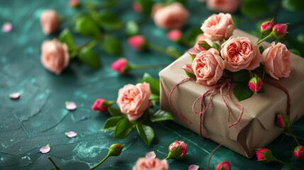 Luxury Gift Box with Roses on a Green Background