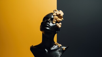 A mannequin head with cracked features and stone-like texture contrasted against a dual-tone background, beauty, and impermanence. Suitable for artistic, psychological, or philosophical contexts.