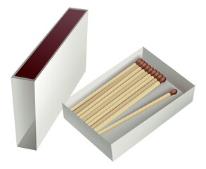 Opened matchbox. Sulphur and wooden sticks lying in open case. Top view and isometric projection illustration isolated on white background