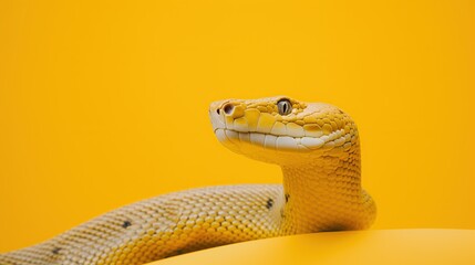 A vibrant yellow snake on a matching yellow background presents a minimalist, or exoticism. This could be ideal for educational content, exotic pet trade, or as a bold visual statement in design.