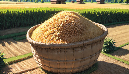Wooden Basket with Fresh harvest rice in a rice field