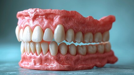 Jaw model with braces on a blue background