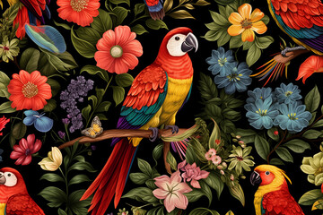 parrot on a branch with colors full flowers wallpaper 