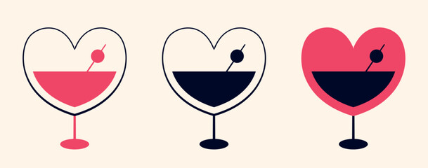 Set of heart shaped martini glasses. Simple art with cocktail glasses. Isolated design element for brand sign, icon, logo, etc. Theme of romance, bar, date, alcoholic beverages. Vector illustration.