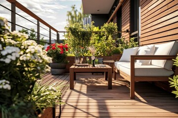 Fototapeta na wymiar Modern terrace with wood deck flooring and fence, green potted flowers plants and outdoors furniture. Beautiful cozy relaxing area at home. Sunny stylish balcony terrace in the, Generative AI 