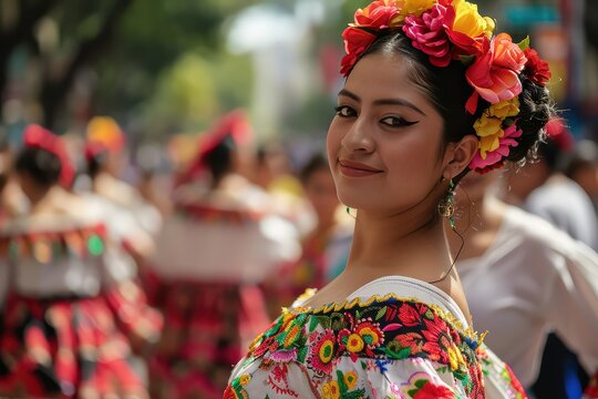 A pair of Latin American dancers in traditional Mexican clothes