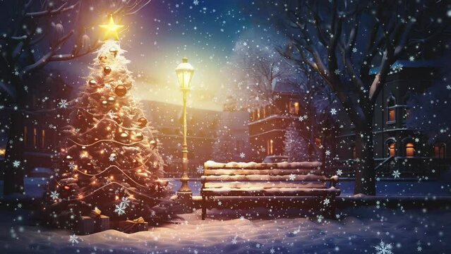 Christmas tree in the snowy city, snowfall in xmas eve, snow covered bench