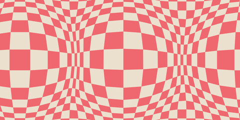Bloated Checkered Colorful Background, Abstract Vector Pattern. The Retro Wavy Psychedelic Checkerboard in Red and White Colors.