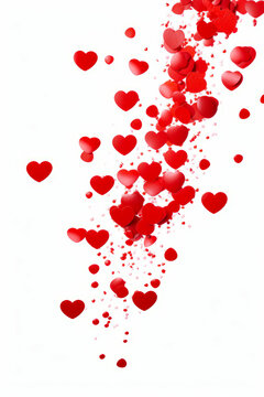 Bunch of red hearts floating in the air on white background.