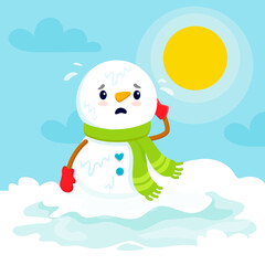 cartoon snowman melting. Sad snowman character in spring.