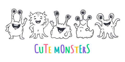Set of cute cartoon monsters in doodle style. Funny characters on white background. Icon monster. Alien.