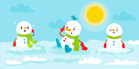 set of cartoon snowman melting. Sad snowman character in spring. 