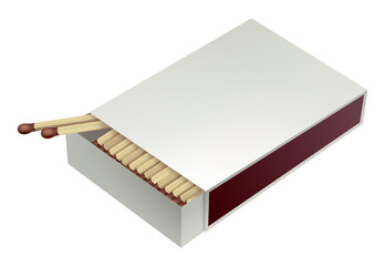 Opened matchbox. Sulphur and wooden sticks lying in open case. Top view and isometric projection illustration isolated on white background
