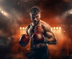 Fototapeta na wymiar Portrait of shirtless boxer wearing boxing gloves in ring area and smoke from lights
