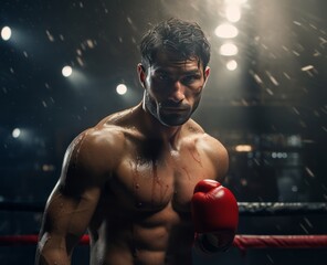 Gloved boxer in smoke-lit ring without shirt