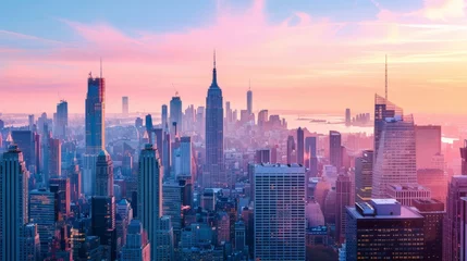 Tuinposter New York City panorama skyline at sunrise. Manhattan office buildings / skysrcapers at the morning. New York City panoramatic shot. © peerawat