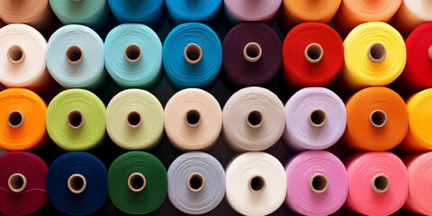 A large collection of threads is shown with the word needle on the front. Colorful spools of thread in textile factory.
