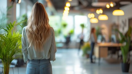 Fototapeta premium Describing an Office Environment with Casual-Dressed People and Blurry Bokeh Background