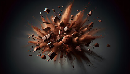 Dynamic explosion of chocolate chunks and cocoa powder, captured as if in slow motion