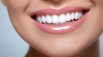 Fototapeta premium Perfect Woman's White Teeth Smile After Whitening Procedure. Symbolizing Oral Care Dentistry