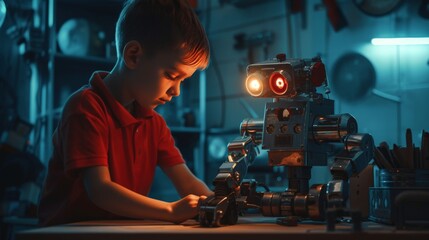 photo of Young boy mechanic repairing the robot in the workshop at night