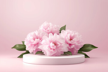 Obraz na płótnie Canvas Delicate pink peonies arranged atop a white round podium with a soft pastel pink background.
