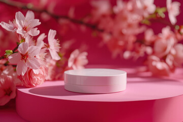 Pink round podium against a backdrop of delicate cherry blossoms, ideal for product showcase.