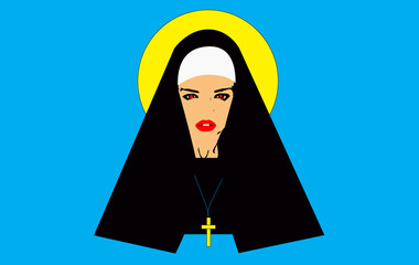 The Nun vector illustration. Sexy girl with red lips background. 