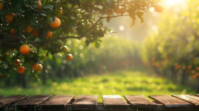 Tree Table wood Podium in farm display for food, perfume, and other products on nature background, Table in farm with orange tree and grass, Sunlight at morning