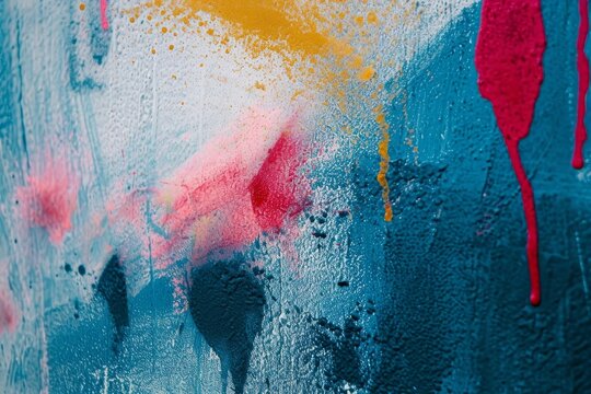 Messy paint strokes and smudges on an old painted wall background. Abstract wall surface with part of graffiti. Colorful drips, flows, streaks of paint and paint, Generative AI 