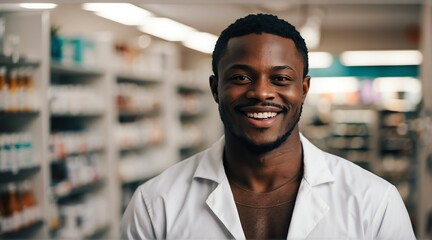 Fototapeta premium Portrait of smiling happy black african male pharmacist on a drug store background from Generative AI