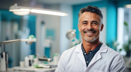 Portrait of smiling happy dentist on a clinic background from Generative AI