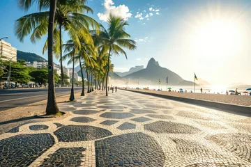 Foto auf Acrylglas Brasilien View of Life Beach and Copacabana Beach with palm trees and mosaic sidewalk