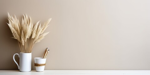 Minimalistic office design with white table, wall, mug, notebook, pampas grass bouquet. Work-from-home professional aesthetic.