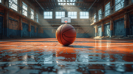 Basketball rests on a glossy, well-worn court in an empty gym - obrazy, fototapety, plakaty